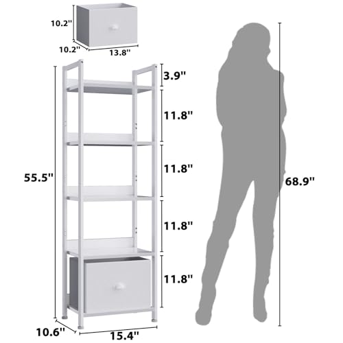 Image of Furologee 5 Tier Bookshelf with Drawer, Tall Narrow Bookcase with Shelves, Wood and Metal Book Shelf Storage Organizer, Modern Display Standing Shelf Unit for Bedroom, Living Room, Office, White