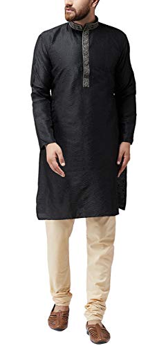 Image of SOJANYA (Since 1958 Mens Maroon Jacquard Silk Kurta and Black Churidaar Pyjama Set
