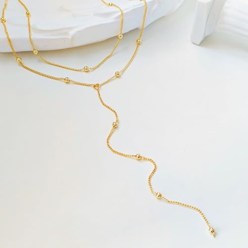 luxval lariat gold necklace for women dainty long necklace 14k gold platedsilver y-shaped pendant necklaces trendy beaded chain drop necklaces jewelry for women gifts