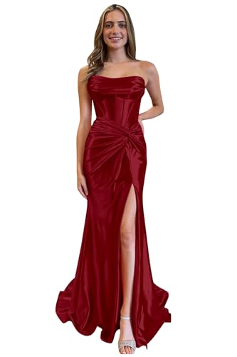 BANTRATIC Mermaid Satin Prom Dress Long with Slit Sweep Train Evening Gowns Strapless Bridesmaid Dresses for Women