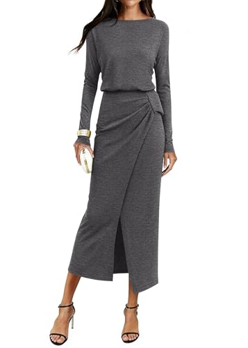 KIRUNDO Women’s Cocktail Wedding Guest Maxi Dress Lightweight Long Sleeve Boat Neck Knit Ruched Slit Slimming Dresses(Dark Grey, Small)