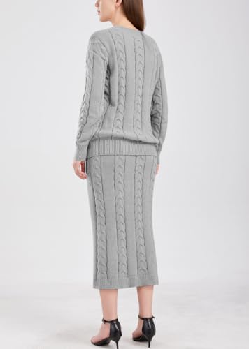 Image of chouyatou Women Winter Casual Chunky Cable Knit Long Pencil Skirt 2 Piece Outfit Oversized Pullover Sweater Sets
