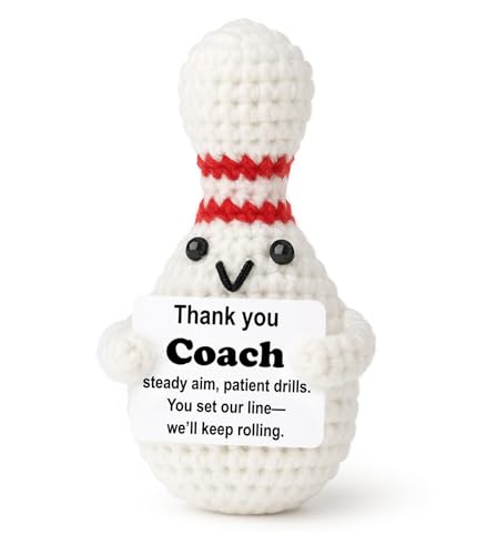 Weming Coach Appreciation Gift – Mini Crochet Bowling Ball Plush with Positive Sign, Handmade 4-inch, Lane Load Thanks, Desk Shelf Decor, Year-Round