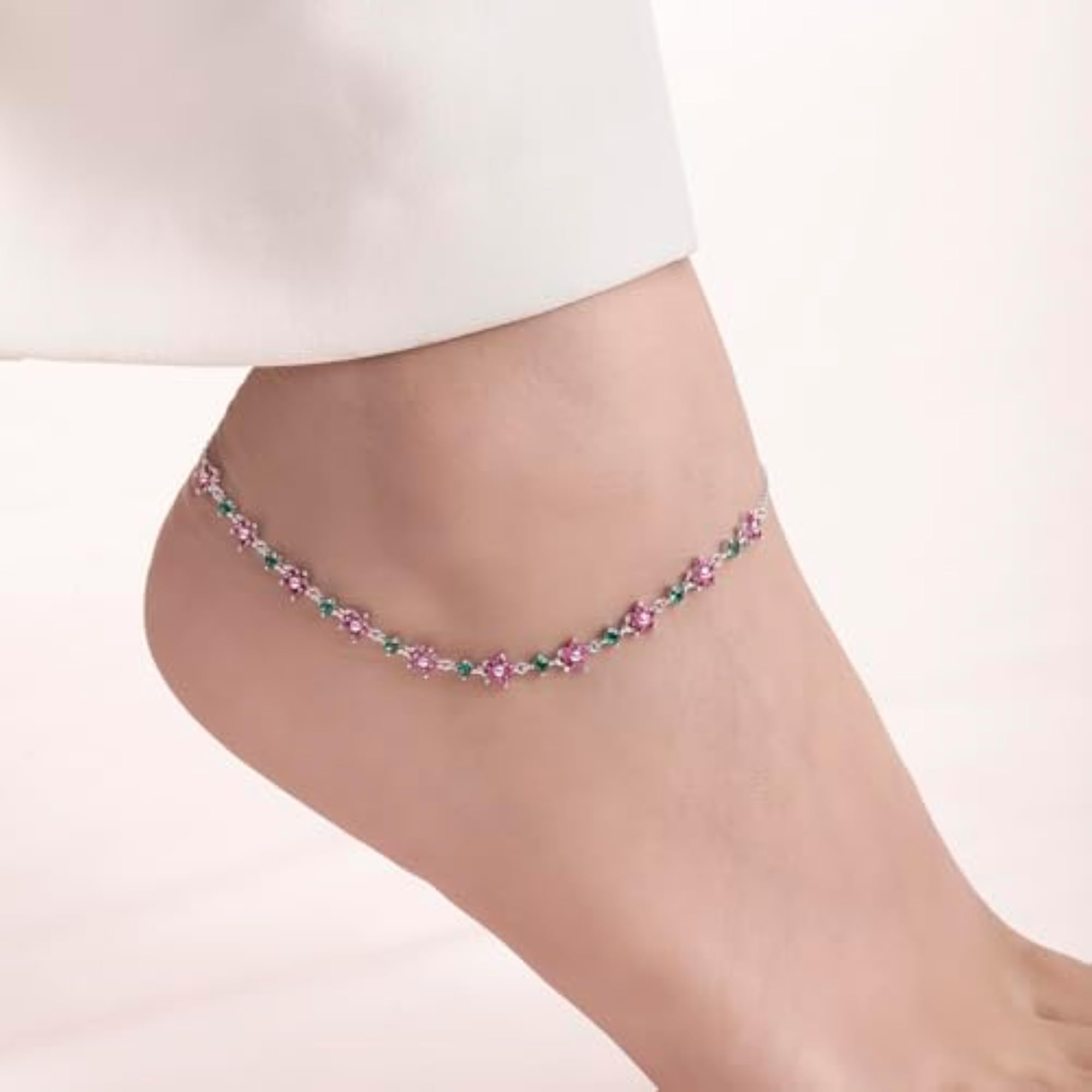 Women's 925 Sterling Silver Colorful Floral Anklet Pair, Gift
