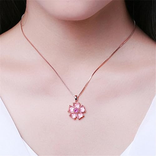 Pink Flower Pendant Necklace for Women CZ Crystal Floral Cherry Blossoms Dainty Choker Necklaces Gemstome Pink Love Heart Beautiful Artificial Stone Wedding Best Gift for Friends Lover Valentine's Day2