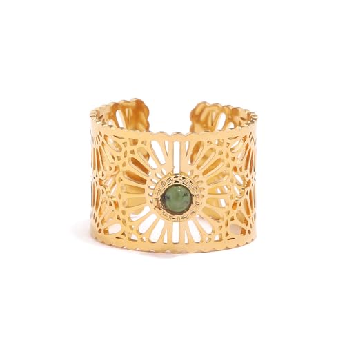Dikixe Retro Gold Plated Stainless Steel Floral Filigree Hollow Carved Green Aventurine Statement Ring, Gemstone Open Adjustable Stacking Cocktail Rings for Women Size 8