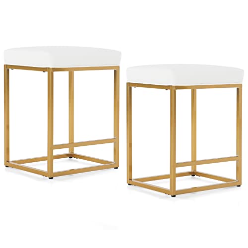 Erste!Bravo Counter Height Stools Set Of 2 White Bar Stools For Kitchen Counter 24 Inch Gold Backless Modern Barstools Industrial Upholstered Faux Leather Stools Farmhouse Island Chairs, White Gold #TOP2