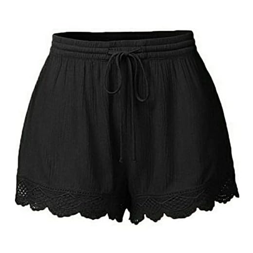 Kvinnor sommarshorts Korta byxor Vida ben Lösa Casual Byxor Dragsko Elastiska tygbyxor Solid bomull Linne Strandshorts med fickor Damshorts Kvinnor Spets Shorts Plus Size (Color : Black, Size : S)