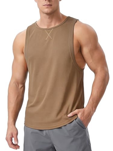 EIGIOO Men's Sleeveless Workout Tank Top Quick Dry Gym Muscle Bodybuilding Vest Breathable Lightweight Summer Athletic Tops Beige Large