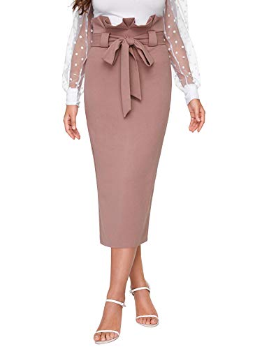 Verdusa Women s Elegant Paperbag Waist Split Back Belted Bodycon Pencil Skirt Dusty Rose XL