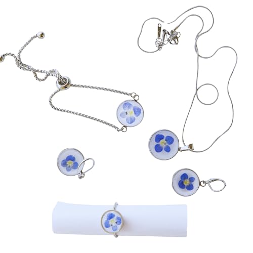 S Styles Bijoux - Ensemble bijoux femme fleurs naturelles – Collier, boucles d’oreilles, bracelet & bague parure en acier inoxydable hypoallergénique – Idée cadeau mariage & anniversaire (Set Fleurs Bleues Classiques)