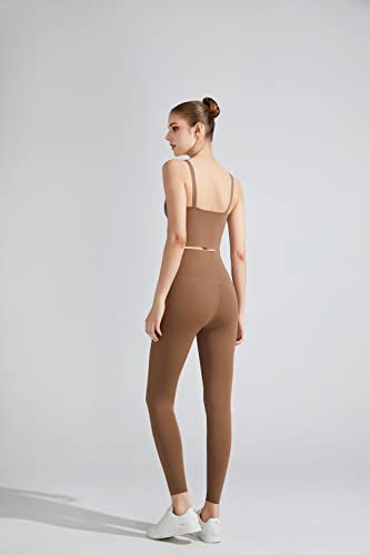 Leggings capris de compresión para mujer mallas marrones L con control de abdomen para fitness yoga 4