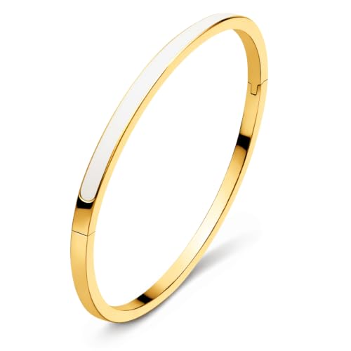Bracelet jonc femme doré et émail blanc, le bijou cadeau idéal avec son coffret