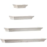 American Art Decor Whitewashed Wood Floating Wall Shelves with Crown Molding - White - Set of 4