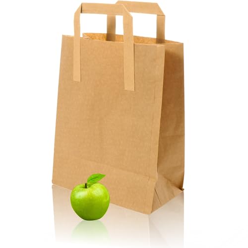 Brown Paper Bags with Handles | Small 9 x 7 x 3.5" | 50 Pack | Takeaway Lunch Grocery Gift | Small Paper Bags | 80gsm Kraft Paper