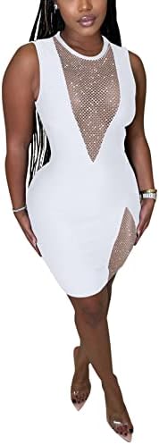 WuLun Women‘s Sexy Sparkly Rhinestone Sleeveless Bodycon Mini Dress Club Night Out Party Dress(White,Small)