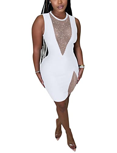 Wulun Women‘s Sexy Sparkly Rhinestone Sleeveless Bodycon Mini Dress Club Night Out Party Dress(White,Small) #TOP26