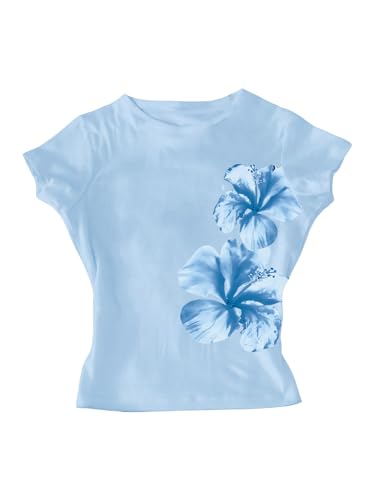 Image of RoseSeek Girl's Floral Graphic Crop Tops Tees Short Sleeve Crewneck Cute Slim Fit T Shirt Summer Tops