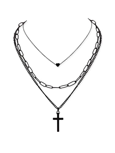 Sacina Goth Layered Black Cross Pendant Necklace, Grunge Gothic Emo Necklace