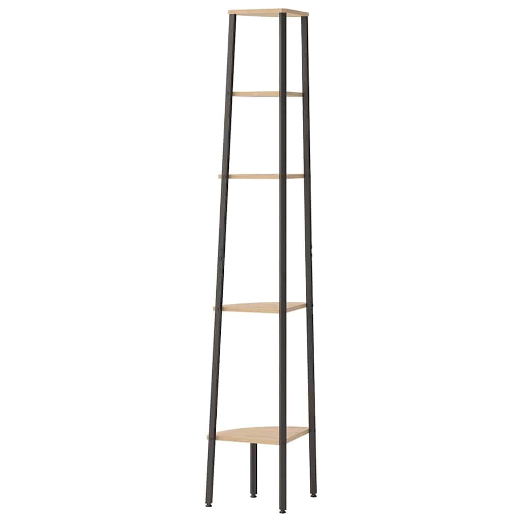 Eckregal mit 5 Böden Holzwerkstoff und Stahl 45,5x31,5x180 cm Hellbraun schwarz, platzsparend als Bücherregal, Raumteiler, Aufbewahrung für Wohnzimmer, Büro, Kinderzimmer