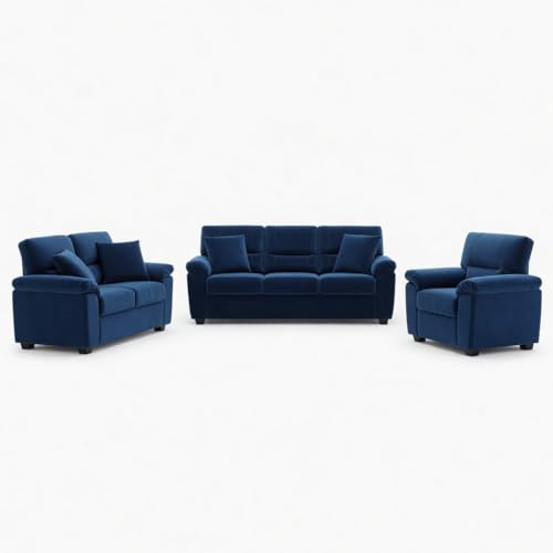 Image of Anderson 6 Seater Fabric Sofa Set (3+2+1) Blue, Premium Velvet Finish Upholstery, Solid Wood Frame, High Density Foam Cushions, Modern Living Room Furniture, Comfortable Sofa for Home