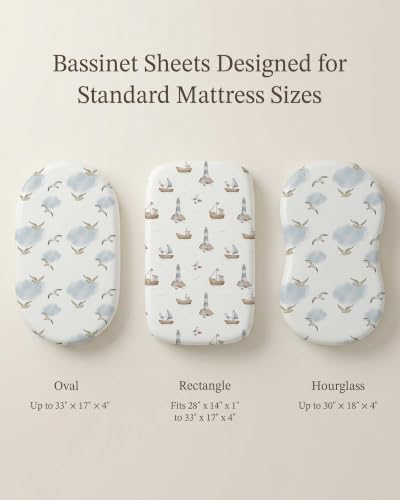Image of Bassinet Sheets for Baby Girls Boys 2 Pack, Fitted Baby Mattress Sheet for Rectangle, Oval, Hourglass Bassinet Mattress, Breathable Cozy & Universal Fit (Sailing Waves, Bassinet Sheet)