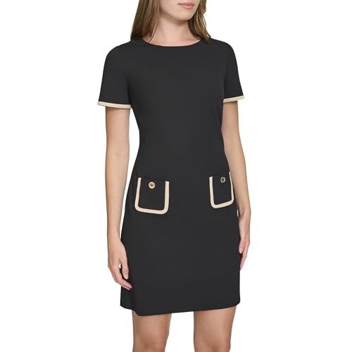 Image of Tommy Hilfiger Women's Short Sleeve Jewel Neck Contrast Piping Mini Shift Dress