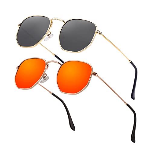 Image of Hipster Hexagonal Polarized Sunglasses Men Women Geometric Square Small Vintage Metal Frame Retro Shade Glasses