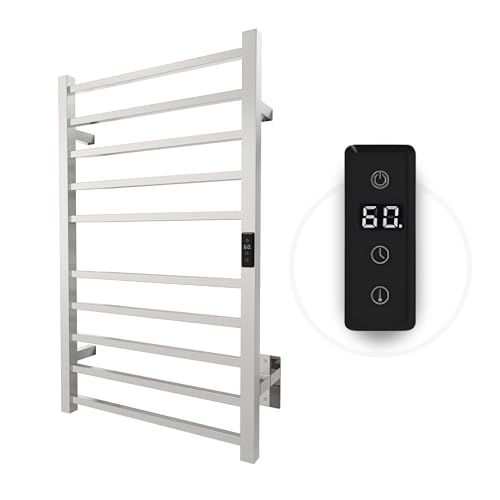Odass | Towel Warmer | Built-in Timer with Led Indicators | Timer Modes: 1 H to 8 H, ON/Off | Temperature 30 to 60 °C (86 to 140 °F) | Wall Mounted | 10 Square Bars | Chrome | Stainless Steel