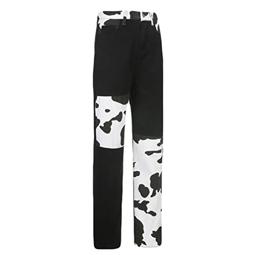 KESYOO Jeans Feminino Cow Jeans Patchwork Jeans Jeans de Cintura Alta Jeans Slim Calça Reta Patch Ca