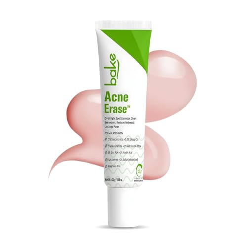 Image of BAKE Acne Spot Treatment Serum Gel with 2% Sulfur, 2% Salicylic Acid + 0.5% Salicap CSA for Pimples & Breakouts | 5% Niacinamide + 2% Azealic Acid | Clears Blackheads, Whiteheads & Clogged Pores | Reduces Redness & Excess Oil | Overnight Acne Corrector - 30g