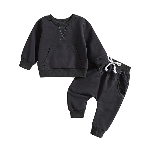 Toddler Baby Boy Clothes Set Solid Color Long Sleeve Crewneck Sweatshirt Top Casual Pants Set Fall Winter Outfits