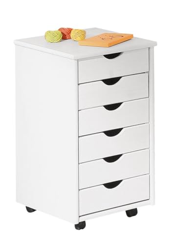 Dmora Cassettiera da Ufficio a Sei cassetti su Ruote, Colore Bianco, cm 36 x 65 x 40