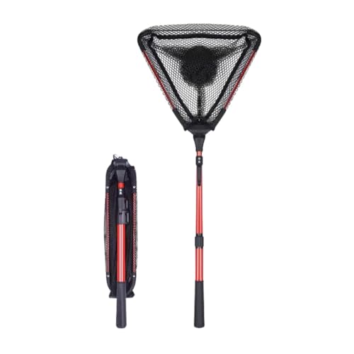 Lopres タモ網 伸縮式 玉網 ラバーネット 折りたたみ式 長さ調節可能 軽量 三角 釣り用品 漁具 淡水海水両用 すくい網 魚取り網 ランディングネット (レッド,二段階伸縮/43-90cm)