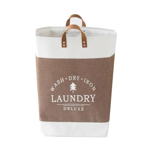 Image of 90L Large Laundry Basket, Collapsible Laundry Bag, Freestanding Tall Clothes Hamper, Foldable Washing Bin (Dark Blue) (White And Brown)