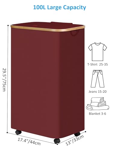 Image of efluky Laundry Basket with Wheels, Tall Rolling Laundry Hamper with Lid and Removable Bag, Aesthetic Dirty Clothes Hamper on Wheels for Laundry Room, Bedroom, Dorm and Bathroom, 100L Rose Red