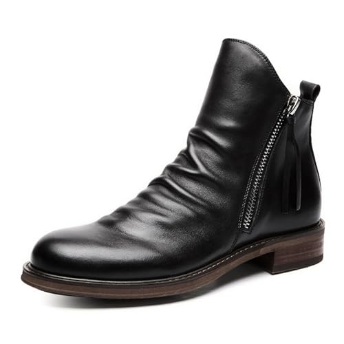 Men's Leather Ankle Boots Classic Side Double Zipper Low Heels Vintage Business Dress Oxford Boot Casual Men Leather Boots (Black,10.5)