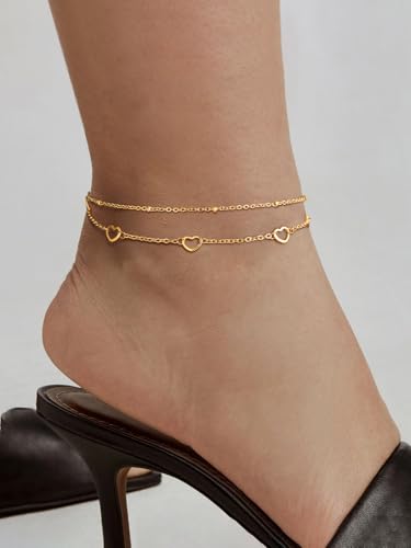 Image of FindChic Black /Silver /Gold Plated Anklets Set of 2PCS /3PCS Herringbone Chain Cuban Link Heart Charm Sparkling Tennis Ankle Bracelets, Waterproof Summer Foot Jewelry for Beach