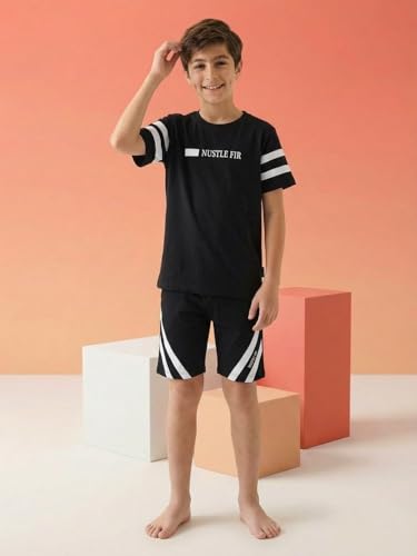 Image of Li'l Tomatoes Boys 100% Cotton Night Suit Set | Half Sleeve T-Shirt & Shorts | Color Block & Typography Print | Soft & Breathable Sleepwear | Casual Summer Wear | 9-16 Years