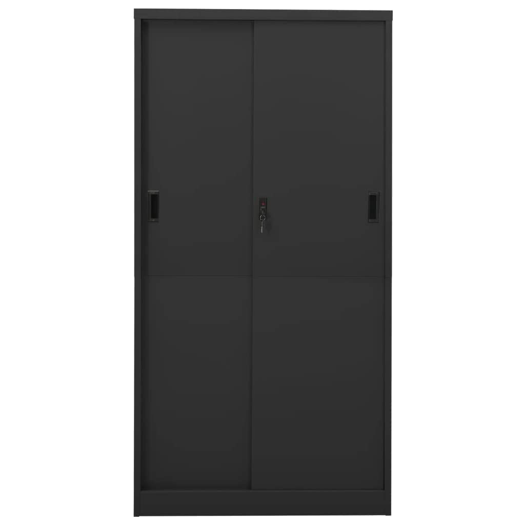 Szafka biurowa z drzwiami przesuwnymi, antracytowa, 90 x 40 x 180 cm, szafka na akta ze stali, do biura i archiwum, z zamkiem i 4 regulowanymi półkami