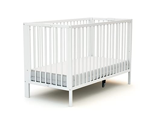 AT4 - Lit bébé Pliant 60x120 Essentiel Hêtre Verni | 124 x 64 x 82 cm | Lit Pliable | Sommier réglable 2 Niveaux intégré au lit (Blanc, Lit bébé)