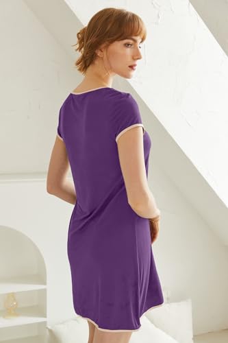 Image of Ekouaer Womens Nightgown Sleep Shirt Dress Satin Patchwork Short Sleeve Sleepwear with Pocket