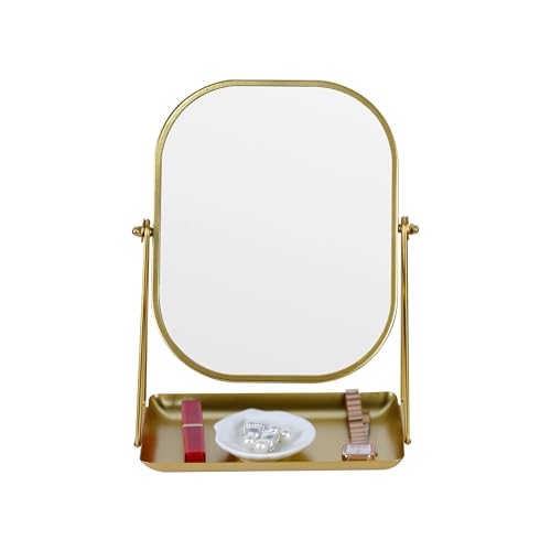 Tstarer 360 Degrees Rotating Metal Makeup Mirror with Storage Vanity Mirror for Desk Bathroom Bedroom Dressing Table (Gold)