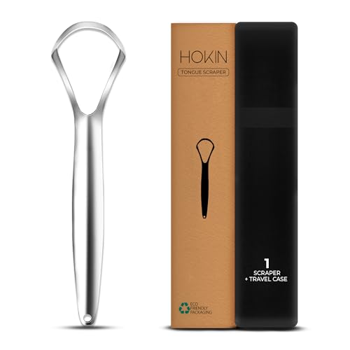 Image of HOKIN Tongue Scraper for Adults with Travel Case (1Pcs Oral Care Pack) - 100% Metal Spoon Shaped Tongue Cleaner, Tough Scraper for Oral Hygiene