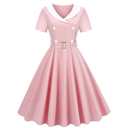 Generisch Damen Vintage Swingkleid im 50er-Jahre-Stil - Petticoat-Kleid mit Reverskragen und Gürtel | Elegantes Rockabilly Kleid für Partys und...