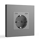 BSEED Schuko Steckdose 1 Fach mit Doppelt Typ C, USB C Steckdose Unterputz, PC Panel Steckdosen Kindersicherung, Einbausteckdose, Wandsteckdose für Handys, Laptops, Grau 86mm