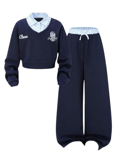 Image of Yoxindax Girls 2-Piece Clothes 2 In 1 Collared V-Neck Sweatshirt Wide Leg Contrast Color Pants Winter 7-14Y Outfits Set