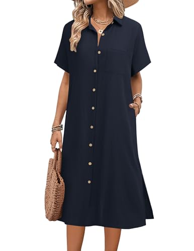 Image of HOTOUCH Womens Dress Summer Casual Midi Short Sleeve Button Down Shirt Dresses Loose Beach Cover Up with Pockets