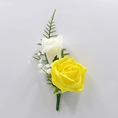 Artificial Wedding Flowers Hand-Made by Petals Polly, Double Foam Rose Buttonhole in Yellow & Ivory Cover