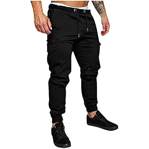 WUAI-Men Cargo Pants Elastic Waist Slim Fit Athletic Jogger Pants Drawstring Khaki Chinos Trousers Sweatpants(Black,XX-Large) Cover